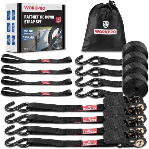 WORKPRO أشرطة السقاطة، 4 عبوات | 1 بوصة × 15 بوصة | 1650 رطلًا من أشرطة ربط السقاطة شديدة التحمل مع 4 قطع حلقات ناعمة، تناسب الأجهزة المتحركة لشاحنة ATV للدراجات النارية (أسود) in Saudi Arabia