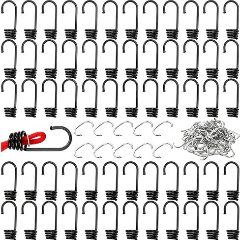 60 Pieces Bungee Cord Hooks, 3/8 Inch Plastic Coated Shock Cord End Hook with C Type Hog Rings for Elastic Rope Strapping Tap, Heavy Duty Spiral Terminal Wire Hooks for Boating, Camping Tarps in Kuwait