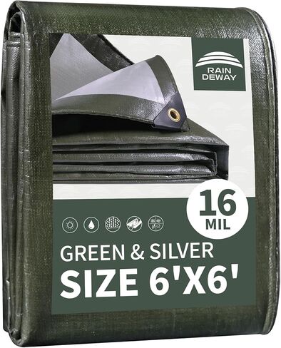 RAINDEWAY قماش القنب الصغير المقاوم للماء مقاس 4 × 6 أقدام، قماش بوليستر شديد التحمل 16 مل، مقاوم للأشعة فوق البنفسجية، مقاوم للتمزق في الهواء الطلق متعدد الأغراض مع حلقات وحواف معززة، أخضر/فضي in Kuwait
