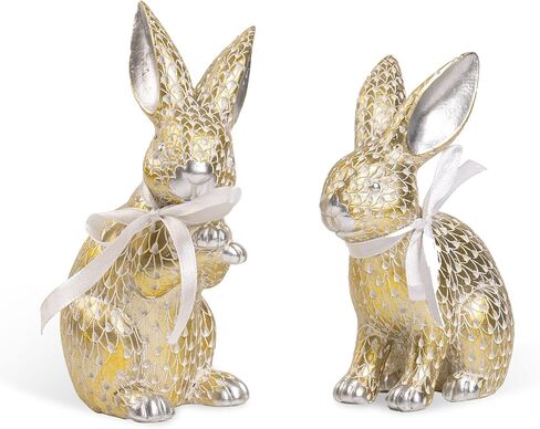 مجموعة من 2 تماثيل أرنب عيد الفصح، تمثال أرنب صغير من الراتنج الذهبي والفضي الربيعي، ديكور للطاولة، قطع مركزية على الطاولة، رف صينية متدرجة، رف مكتب، ديكورات منزلية في الداخل، هدايا عيد الفصح in Kuwait