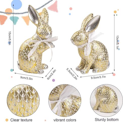 مجموعة من 2 تماثيل أرنب عيد الفصح، تمثال أرنب صغير من الراتنج الذهبي والفضي الربيعي، ديكور للطاولة، قطع مركزية على الطاولة، رف صينية متدرجة، رف مكتب، ديكورات منزلية في الداخل، هدايا عيد الفصح in Kuwait