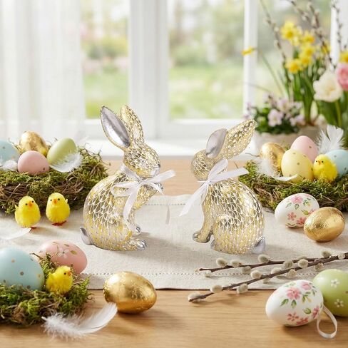 مجموعة من 2 تماثيل أرنب عيد الفصح، تمثال أرنب صغير من الراتنج الذهبي والفضي الربيعي، ديكور للطاولة، قطع مركزية على الطاولة، رف صينية متدرجة، رف مكتب، ديكورات منزلية في الداخل، هدايا عيد الفصح in Kuwait