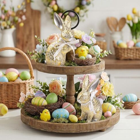 مجموعة من 2 تماثيل أرنب عيد الفصح، تمثال أرنب صغير من الراتنج الذهبي والفضي الربيعي، ديكور للطاولة، قطع مركزية على الطاولة، رف صينية متدرجة، رف مكتب، ديكورات منزلية في الداخل، هدايا عيد الفصح in Kuwait