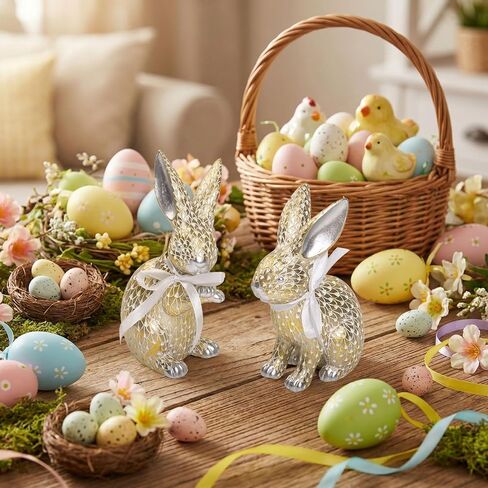مجموعة من 2 تماثيل أرنب عيد الفصح، تمثال أرنب صغير من الراتنج الذهبي والفضي الربيعي، ديكور للطاولة، قطع مركزية على الطاولة، رف صينية متدرجة، رف مكتب، ديكورات منزلية في الداخل، هدايا عيد الفصح in Kuwait