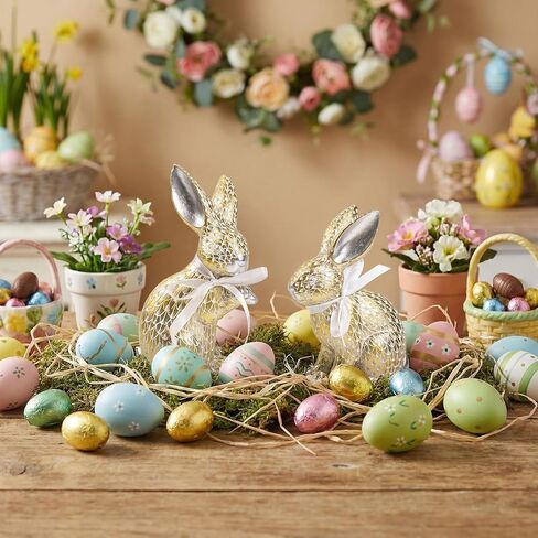 مجموعة من 2 تماثيل أرنب عيد الفصح، تمثال أرنب صغير من الراتنج الذهبي والفضي الربيعي، ديكور للطاولة، قطع مركزية على الطاولة، رف صينية متدرجة، رف مكتب، ديكورات منزلية في الداخل، هدايا عيد الفصح in Kuwait
