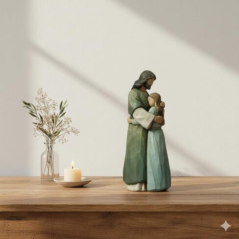 Jesus Comforting Girl Figurine 9 Inch Christian Resin Statue Morandi Colors, Hand-Carved Wood Style Healing and Encouragement Religious Gift Walk with Jesus Collection II in Saudi Arabia