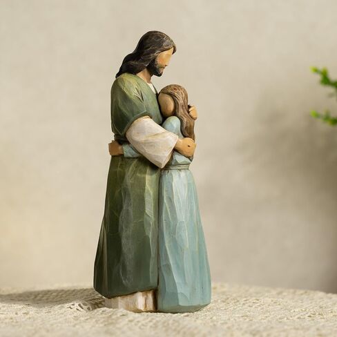 Jesus Comforting Girl Figurine 9 Inch Christian Resin Statue Morandi Colors, Hand-Carved Wood Style Healing and Encouragement Religious Gift Walk with Jesus Collection II in Saudi Arabia