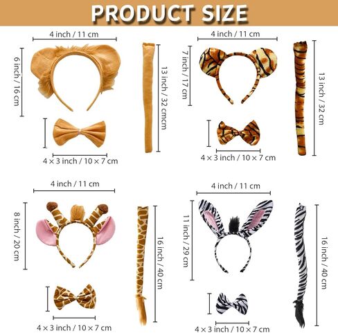 4 Sets Animal Costumes for Adults Giraffe Monkey Tiger Zebra Animal Headbands Bow Tie and Tail Set Jungle Theme Costume Accessories in Kuwait