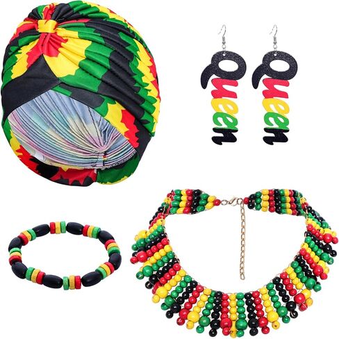 Heliltd 4Pcs Jamaican Outfits Accessories for Women African Jewelry Set Jamaican African Costumes Include Rasta Head Wrap Cap Wooden Earrings Multicolor Beaded Necklace and Bracelet in Saudi Arabia