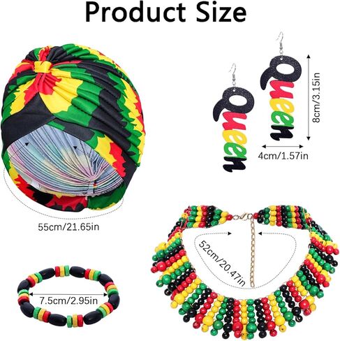 Heliltd 4Pcs Jamaican Outfits Accessories for Women African Jewelry Set Jamaican African Costumes Include Rasta Head Wrap Cap Wooden Earrings Multicolor Beaded Necklace and Bracelet in Saudi Arabia