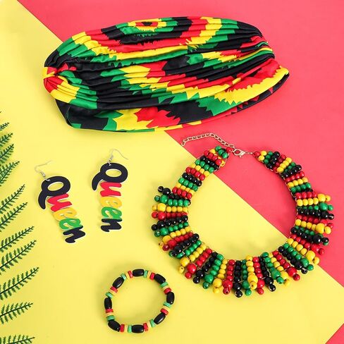 Heliltd 4Pcs Jamaican Outfits Accessories for Women African Jewelry Set Jamaican African Costumes Include Rasta Head Wrap Cap Wooden Earrings Multicolor Beaded Necklace and Bracelet in Saudi Arabia