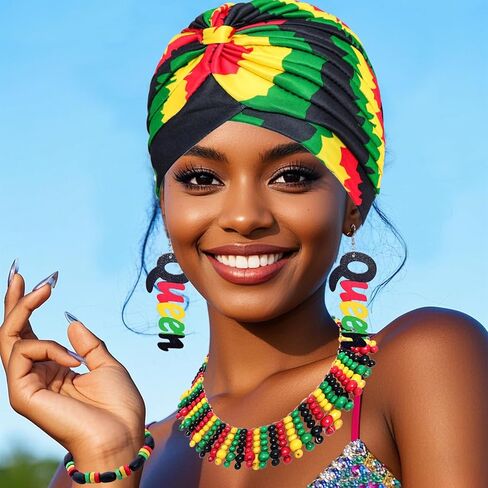 Heliltd 4Pcs Jamaican Outfits Accessories for Women African Jewelry Set Jamaican African Costumes Include Rasta Head Wrap Cap Wooden Earrings Multicolor Beaded Necklace and Bracelet in Saudi Arabia