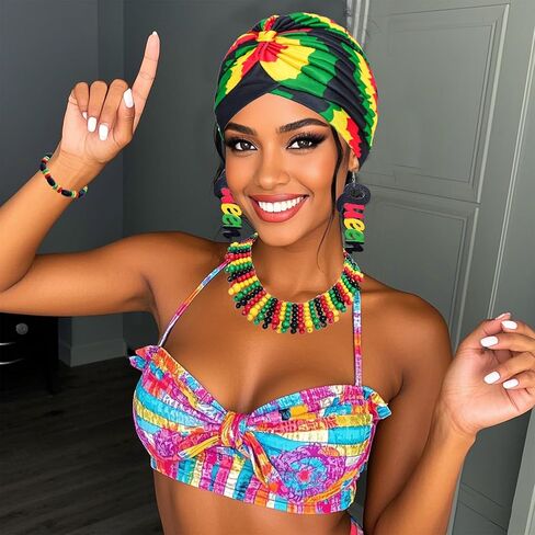 Heliltd 4Pcs Jamaican Outfits Accessories for Women African Jewelry Set Jamaican African Costumes Include Rasta Head Wrap Cap Wooden Earrings Multicolor Beaded Necklace and Bracelet in Saudi Arabia