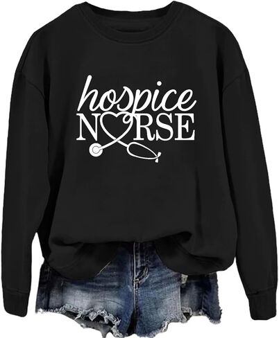 سويت شيرت Hospice Nurse للنساء برقبة دائرية ورسومات مضحكة وأكمام طويلة بلوفر كاجوال لطالبات التمريض in Kuwait