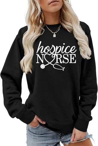 سويت شيرت Hospice Nurse للنساء برقبة دائرية ورسومات مضحكة وأكمام طويلة بلوفر كاجوال لطالبات التمريض in Kuwait