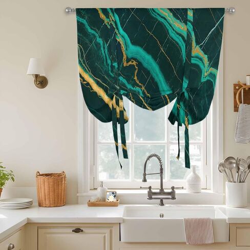 ستائر رخامية خضراء مربوطة للنافذة، ستائر ريترو مجردة بلون ذهبي طبيعي شقوق حرارية معزولة بالون ظل قابل للتعديل بجيب قضيب ستائر للمطبخ والحمام والمقهى 42 بوصة × 54 بوصة in Saudi Arabia