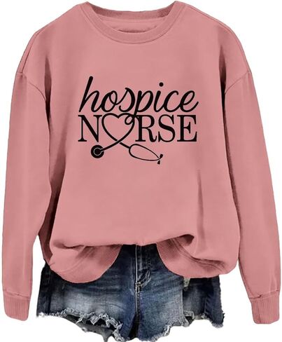 سويت شيرت Hospice Nurse للنساء برقبة دائرية ورسومات مضحكة وأكمام طويلة بلوفر كاجوال لطالبات التمريض in Kuwait