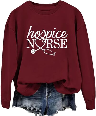 سويت شيرت Hospice Nurse للنساء برقبة دائرية ورسومات مضحكة وأكمام طويلة بلوفر كاجوال لطالبات التمريض in Kuwait