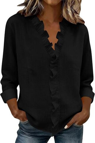 بلوزة نسائية مكشكشة بأكمام طويلة من الكتان قمصان بياقة على شكل V بلوزات شاطئ بوهو فضفاضة للربيع والصيف والإجازات in Kuwait