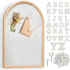 24x16 Arch Bulletin Board with Pin Linen Display Framed Decorative Hanging Wood Vision Arch Cork Board for Wedding Wall Office School Home Decor, 70 Pearl Studs, 26 Letter Stickers(Natural) in Kuwait
