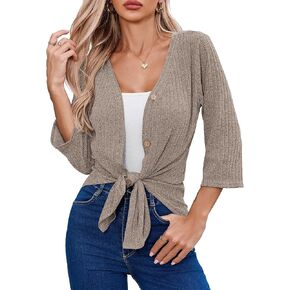 Women's 3/4 Sleeve Cropped Cardigan Shrug V-Neck Tie Front Knot Ribbed Knit Shirt for Evening Dress & Office in Kuwait