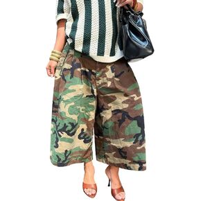 Women's Barrel Camo Pants Y2k Baggy Camouflage Army Fatigue Cargo Jorts Wide Leg Bermuda Cropped Trousers Streetwear in Kuwait