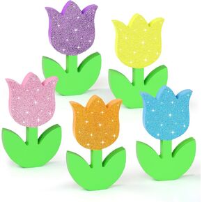 زخارف الربيع الزنبق علامة خشبية ديكور الجدول، 5 قطع بريق خشبي الربيع الزنبق الزهور علامة مزرعة الزهور كتلة الجدول محور للمنزل عيد الفصح صينية عباءة الجرف ديكور المكتب in Kuwait