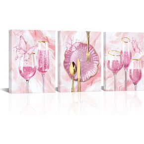 Sechars 3 قطع مجموعة ديكور جدار المطبخ الوردي النبيذ الزجاج جدار الفن الذهب أواني قماش يطبع صور غرفة الطعام الحديثة (الوردي) in Kuwait