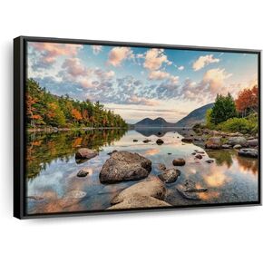 Elephant Stock Sunrise In Jordan Pond In Acadia Wall Art - Horizontal Floating Framed Canvas - 1-Piece Living Room Wall Decor - Photography Nature Canvas Print - Blue and Orange Decor for Wall by Scott Stulberg - 19" X 13" in Kuwait