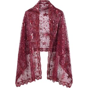 OurLore Women's Glittering 1920s Shawl Scarf Mesh Sequin Wedding Bridal Cape Fringed Evening Wraps Shawls (B-White) in Kuwait