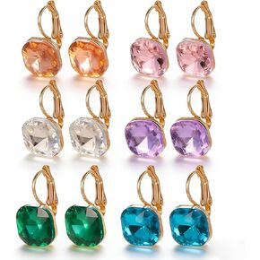 6 Pairs Multicolor Square Austrian Crystal Drop Earrings for Women 14K Gold Plated Leverback Hypoallergenic Dangle Earrings Wedding Party Daily Fashion Jewelry Set in Saudi Arabia