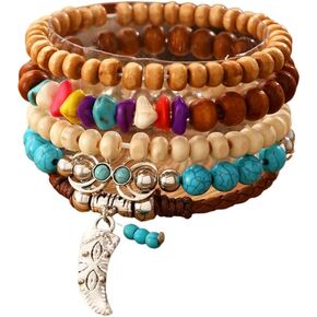 5pcs Bohemian Western Turquoise Beads Bracelets Set Wood Turquoise Elastic Stack Bracelets Set in Saudi Arabia