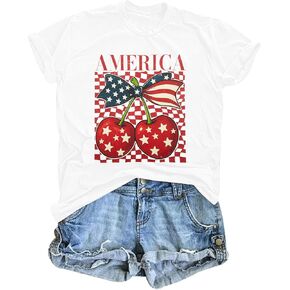 Women Patriotic 4th of July T Shirt America Flag Cherry Bow Shirt Cute USA Tees Independence Day Tops in Kuwait
