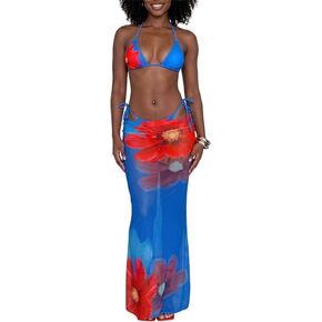 CALEBGAR 3 قطعة المايوه للنساء مثير مثلث صفيق مجموعة البكيني مع تنورة شبكة التستر ملابس الصيف عطلة الشاطئ in Kuwait