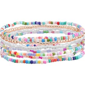 7PCS Bohemian Stackable Beaded Bracelets for Women Colorful Multilayer Stackable Crystal Bead Bracelets Boho Glass Beads Stretchy Bracelets Set in Kuwait