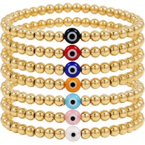 العصرية الملونة عين الشر الذهب مطرز سوار المكدس مجموعة للنساء، 7 قطع بوهو اليدوية الخرز الكرة الذهبية أساور مرنة لمط مجوهرات الصداقة هدية الصيف in Kuwait