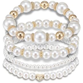Pearls Bracelets for Women, 4Pcs Chunky Pearl Bracelets Set, Stackable Stretch Bracelet Set - Multilayered Boho Jewelry for Women Wedding Prom Party in Kuwait
