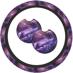 Purple Leaves 3 Pcs Steering Wheel Cover Decoration Set with 2 Coasters, Universal Non-Slip and Comfortable car Interior Set– Fits 14.5-15 Inch Steering Wheels Cover for Cars, SUVs, and Trucks in Saudi Arabia