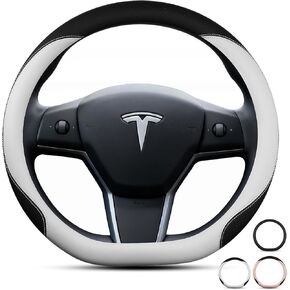 غطاء عجلة القيادة لسيارة Tesla 3 /Y 2017-2026، ملحقات تغليف عجلة القيادة من الجلد المسطح لسيارة Tesla، Funda para Volante De Carro (أبيض، على شكل D) in Kuwait