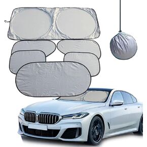 6Pcs Car and SUV Front Windshield Foldable Sunshade, Sunscreen Mat, Silver Cloth (6Pcs All Window) in Kuwait