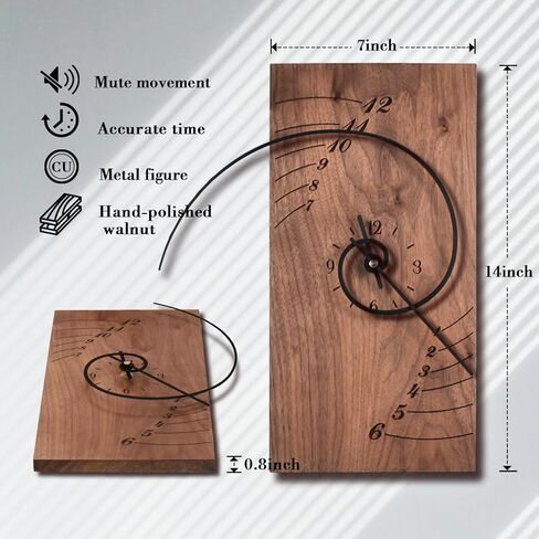 ACODE 14 Inches Fibonacci Curve Rectangular Wall Clock, Walnut Wall Clock Battery Operated Silent Non-Ticking, Wooden Clock dial with Black Spray Metal Pointer, Wall Decor,Decorative Table Clock in Saudi Arabia