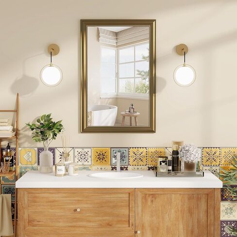 Axeman 22x30 Rounded Rectangular Wall Mirror, Decorative Bathroom Mirror, Traditional Vintage Wall Mounted Mirror with Beaded Frame for Accent Living Room Vanity Bedroom Entryway, Bronze in Kuwait