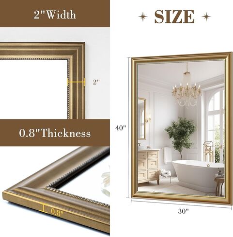 Axeman 22x30 Rounded Rectangular Wall Mirror, Decorative Bathroom Mirror, Traditional Vintage Wall Mounted Mirror with Beaded Frame for Accent Living Room Vanity Bedroom Entryway, Bronze in Kuwait
