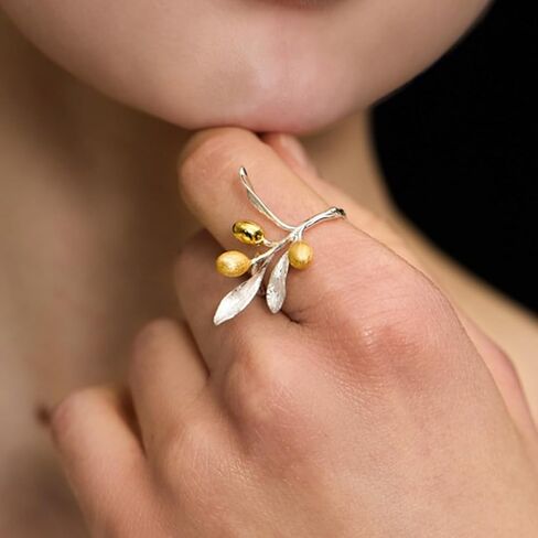 Adjustable Olive Branch Leaves Fruits Statement Rings for Women, S925 Sterling Silver Gold Plated Two-Tone Open Ring, Luxury Boho Wedding Engagement Promise Jewelry Gift in Saudi Arabia