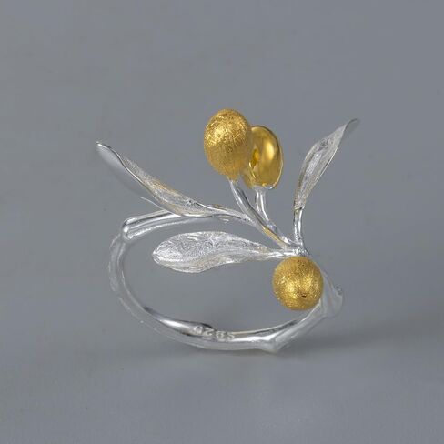 Adjustable Olive Branch Leaves Fruits Statement Rings for Women, S925 Sterling Silver Gold Plated Two-Tone Open Ring, Luxury Boho Wedding Engagement Promise Jewelry Gift in Saudi Arabia