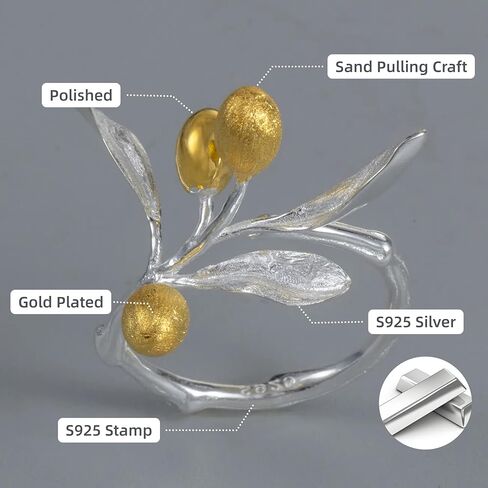 Adjustable Olive Branch Leaves Fruits Statement Rings for Women, S925 Sterling Silver Gold Plated Two-Tone Open Ring, Luxury Boho Wedding Engagement Promise Jewelry Gift in Saudi Arabia