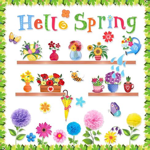 Konsait 73Pcs Hello Spring Bulletin Board Decorations, Blossom Flowers Butterfly Leaves Bulletin Board Set for Classroom Home Office, Spring Decorations in Saudi Arabia