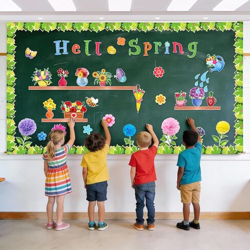 Konsait 73Pcs Hello Spring Bulletin Board Decorations, Blossom Flowers Butterfly Leaves Bulletin Board Set for Classroom Home Office, Spring Decorations in Saudi Arabia