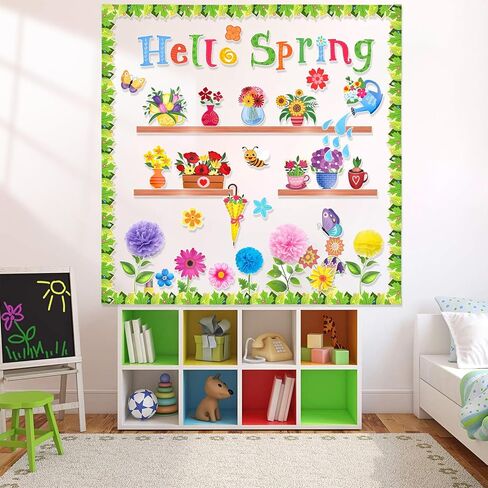 Konsait 73Pcs Hello Spring Bulletin Board Decorations, Blossom Flowers Butterfly Leaves Bulletin Board Set for Classroom Home Office, Spring Decorations in Saudi Arabia