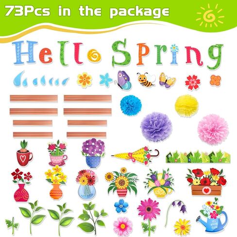 Konsait 73Pcs Hello Spring Bulletin Board Decorations, Blossom Flowers Butterfly Leaves Bulletin Board Set for Classroom Home Office, Spring Decorations in Saudi Arabia